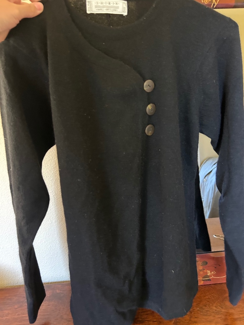 Shirin 100% Cashmere Black Asymmetric Button Top Made in Scotland S